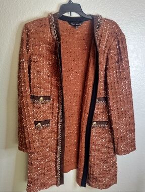 Ming Wang textured knit jacket cardigan duster chain link Sz L